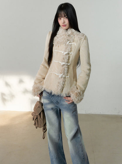 Soote Season - Cream Latte Faux Suede Toggle Belted Shearling Jacket