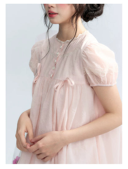 "Little Princess" Strawberry Pink Lace Bow Bubble Hem Midi Dress