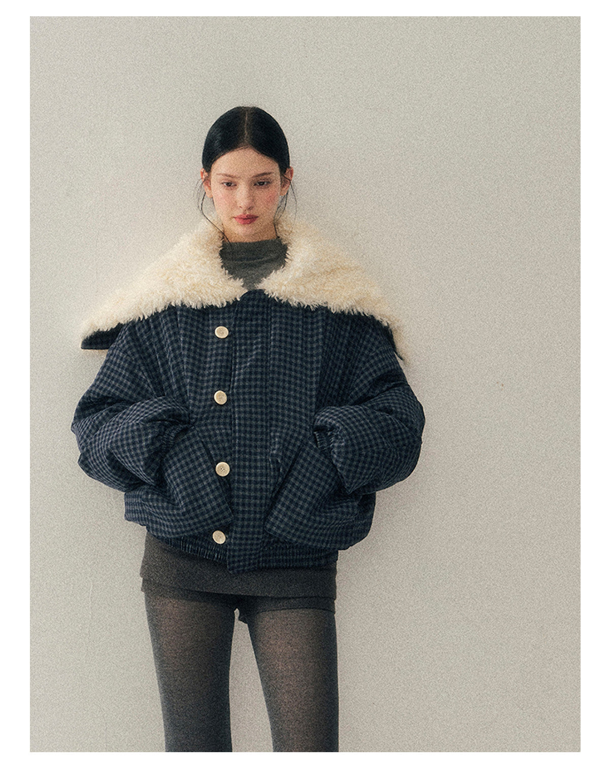 少也眼 “Silent Indigo” Academy Blue Quilted Wool-Collar Jacket