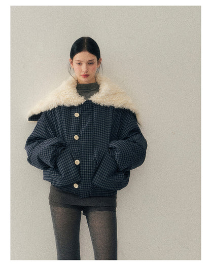 少也眼 “Silent Indigo” Academy Blue Quilted Wool-Collar Jacket