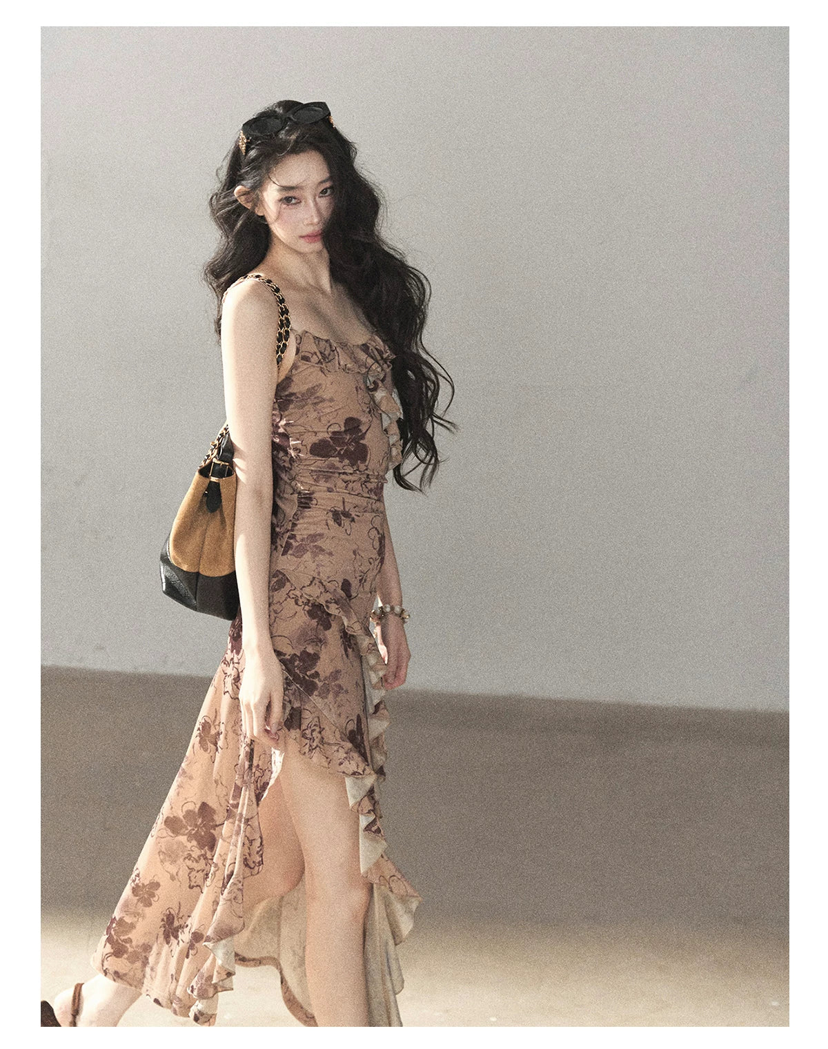 AOMALM - "Wildflower Date" Milk Tea Brown Ruffle Floral Maxi Dress (With Matching Hair Tie)