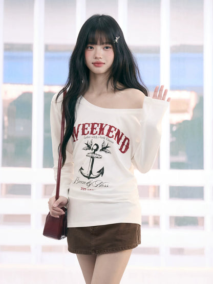"Harbor Muse" White One-Shoulder Long Sleeve T-Shirt