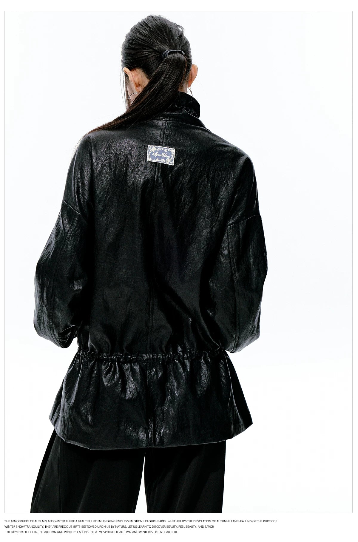 JN's DESIGN - Black Drawstring Faux Leather Jacket with Lace Back Detail