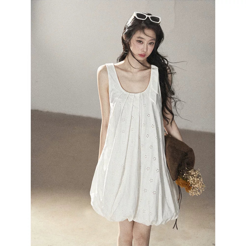 AOMALM - One-Shoulder Bow Dress with Cutout Embroidery Detail