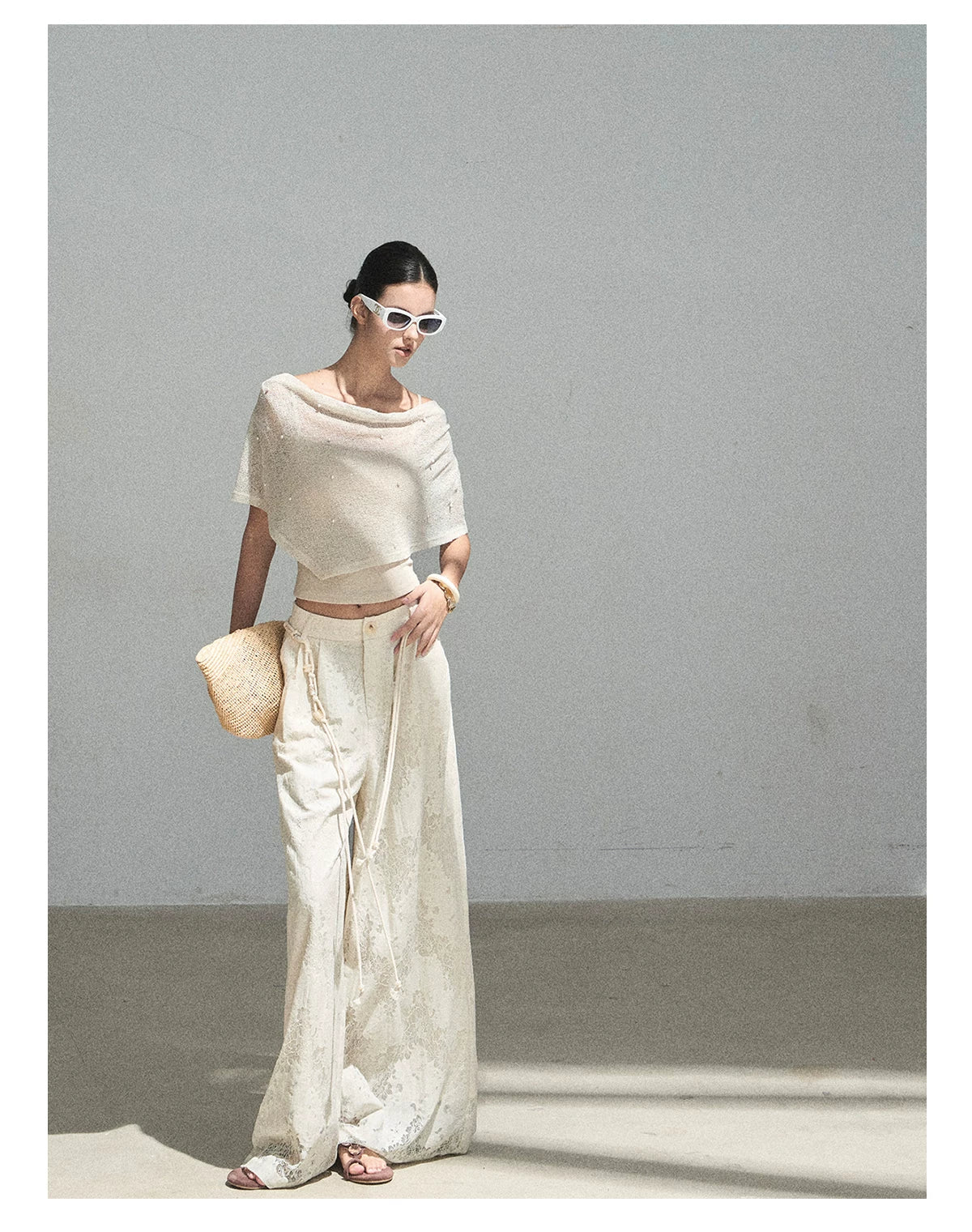 "A Love Letter to Sunlight" Dutch Cream Lace Wide-Leg Pants (With Matching Waist Rope)