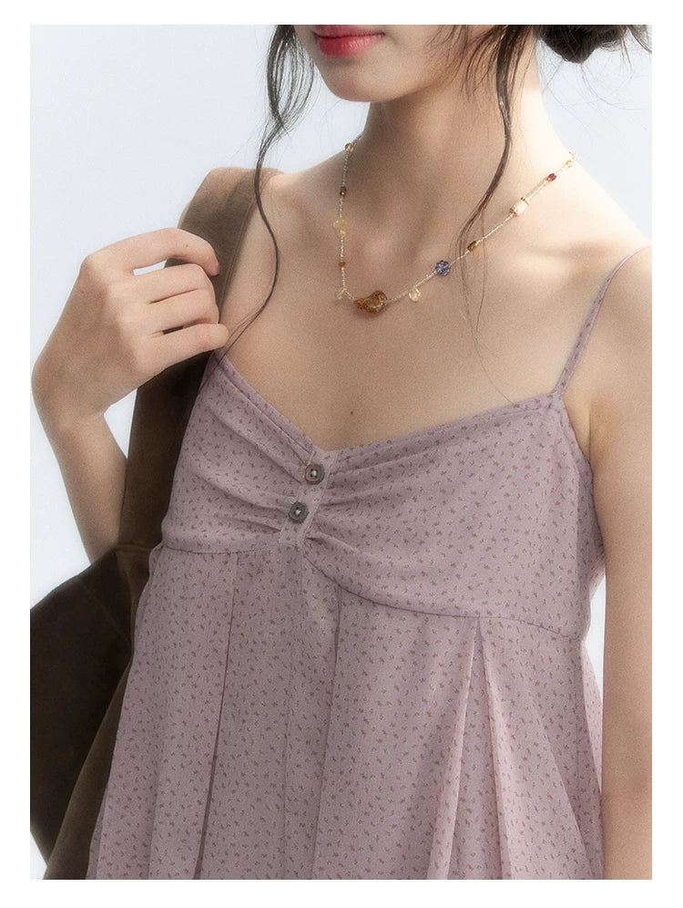 "Misty Lavender Reverie" Vintage Floral Lace Trim Midi Slip Dress