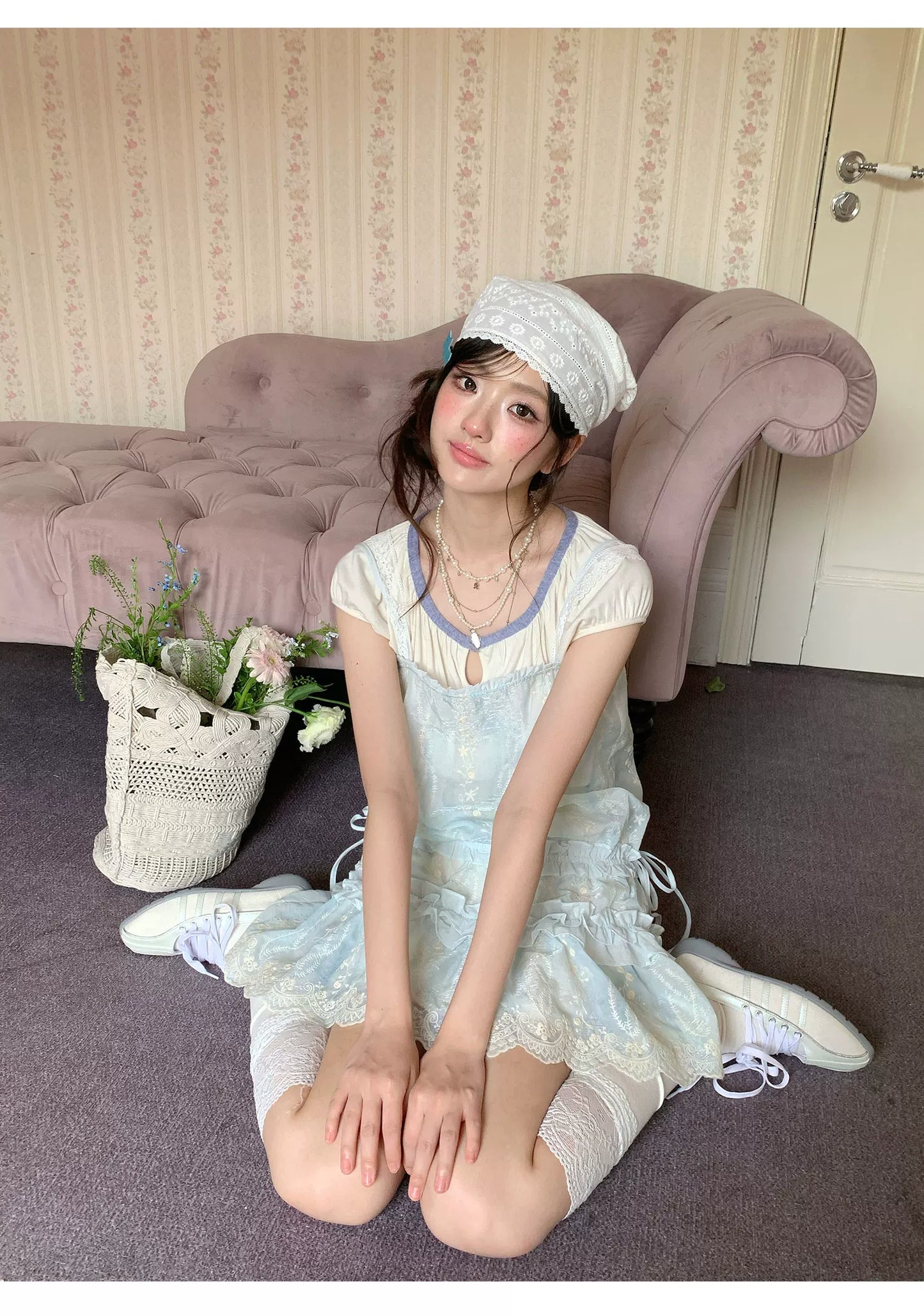 “Summer Dreamloom” Blue Lace Tiered Dress Set (Inner Top + Slip Dress)
