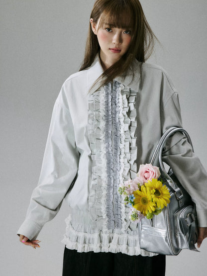 LOST FOREST - Silver Gray Ruffle-Trim Cotton Jacket