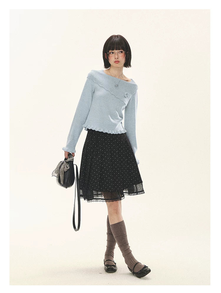 "Sea Salt Bloom" Sea Salt Blue Off-Shoulder Ruffle Knit Sweater