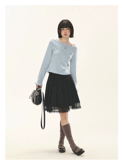 "Sea Salt Bloom" Sea Salt Blue Off-Shoulder Ruffle Knit Sweater