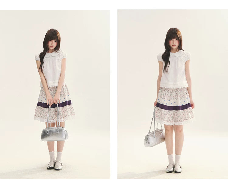 "Cotton Cloud" White Ruffle Collar Puff Sleeve Babydoll Top