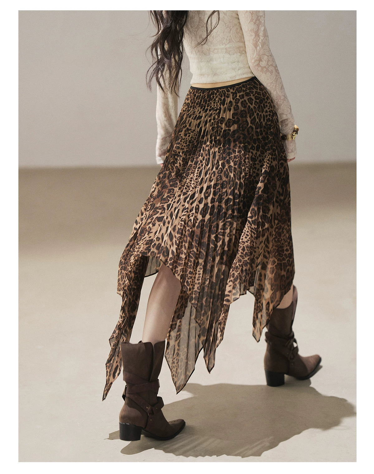 AOMALM - “Cocoa Leopard” Pleated Asymmetric Midi Skirt