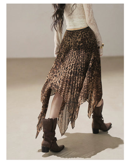 AOMALM - “Cocoa Leopard” Pleated Asymmetric Midi Skirt