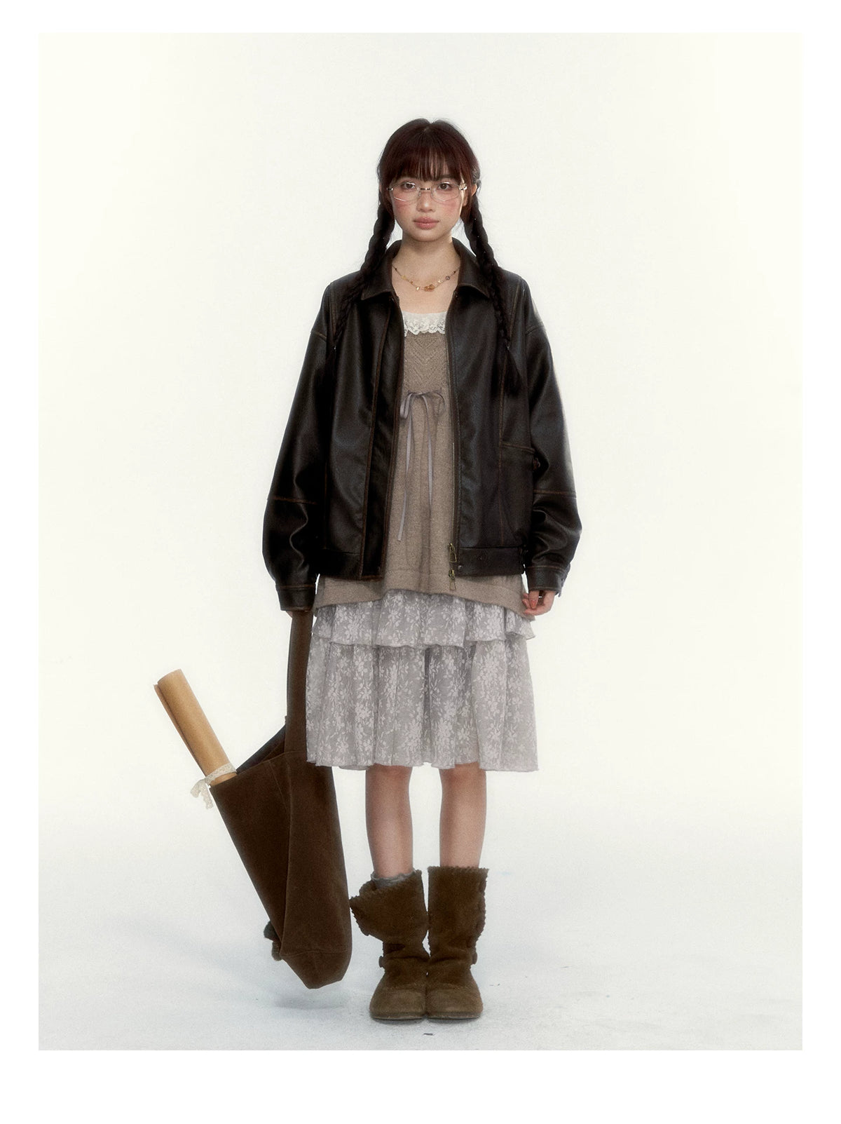 “Cloud Pleats” Chestnut Mist U-Neck Bow-Tie Puff Sleeve Knit Sweater
