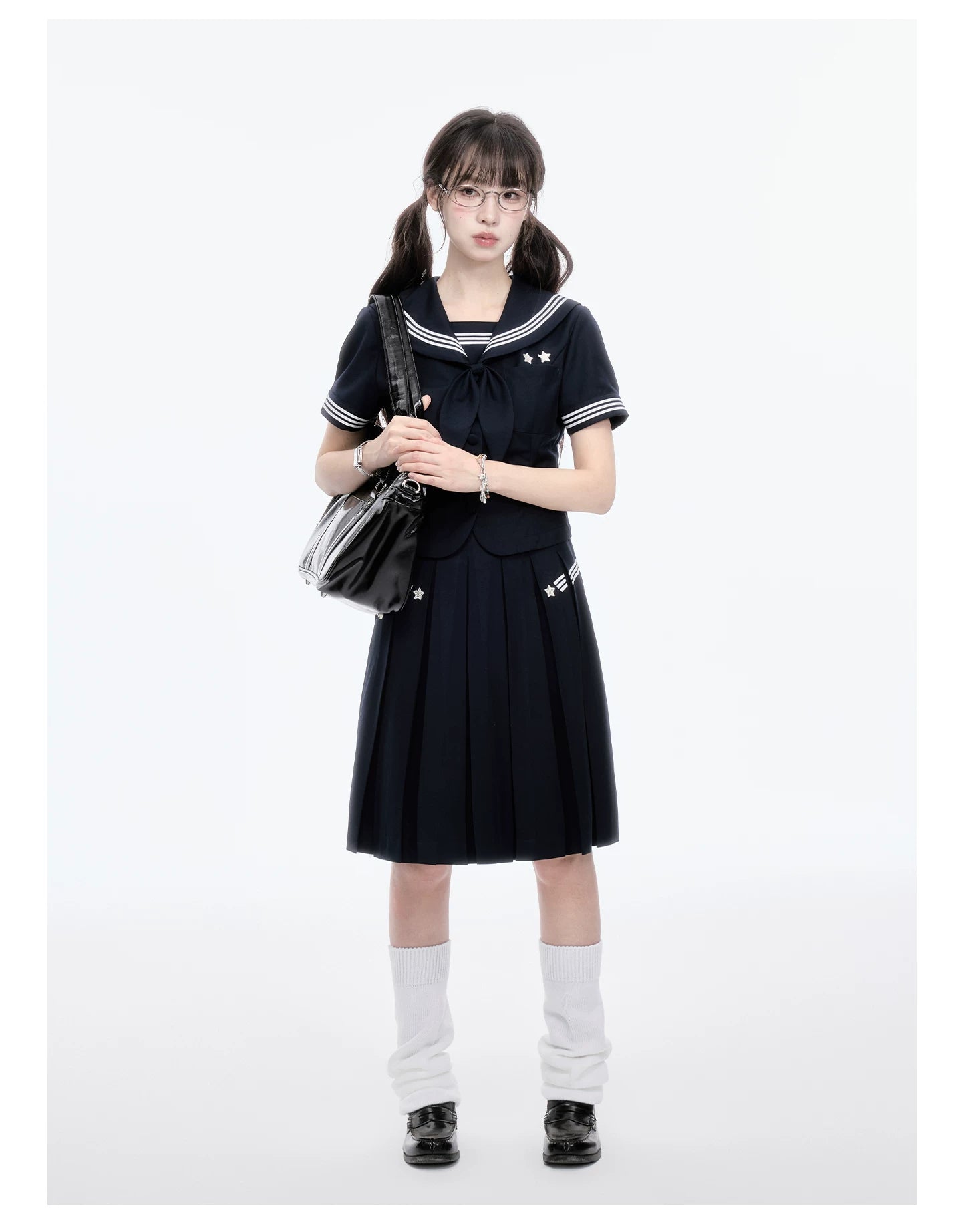 "Evening Star" Navy Sailor Uniform Collection (Sailor Blouse with Scarf / Pleated Midi Skirt)