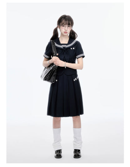"Evening Star" Navy Sailor Uniform Collection (Sailor Blouse with Scarf / Pleated Midi Skirt)
