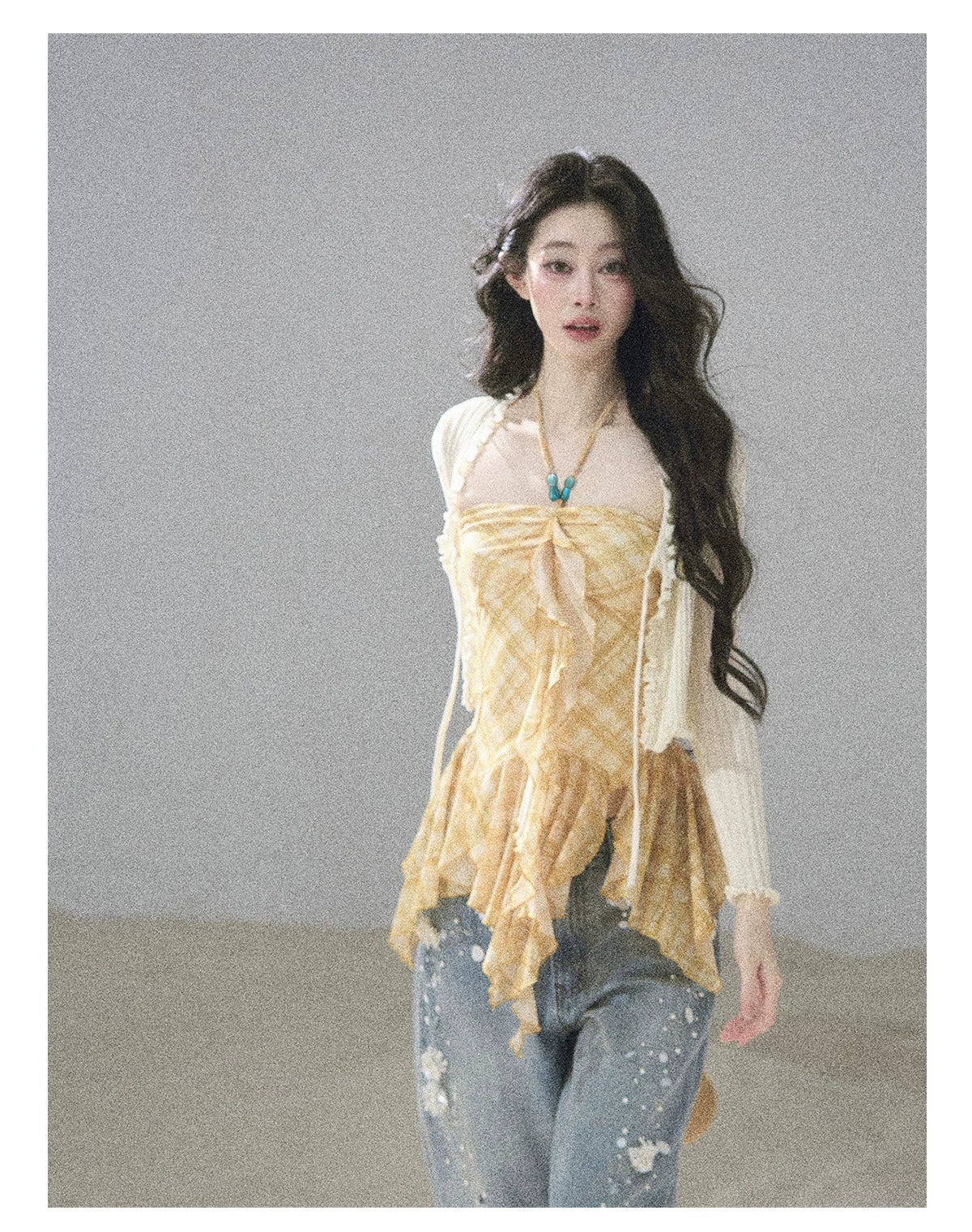 "Starlit Grace" Mist Blue Handmade Floral Wide-Leg Jeans