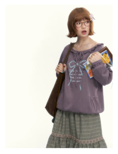Deep Purple Bow-Tie Lettuce-Trim Off-Shoulder Sweatshirt