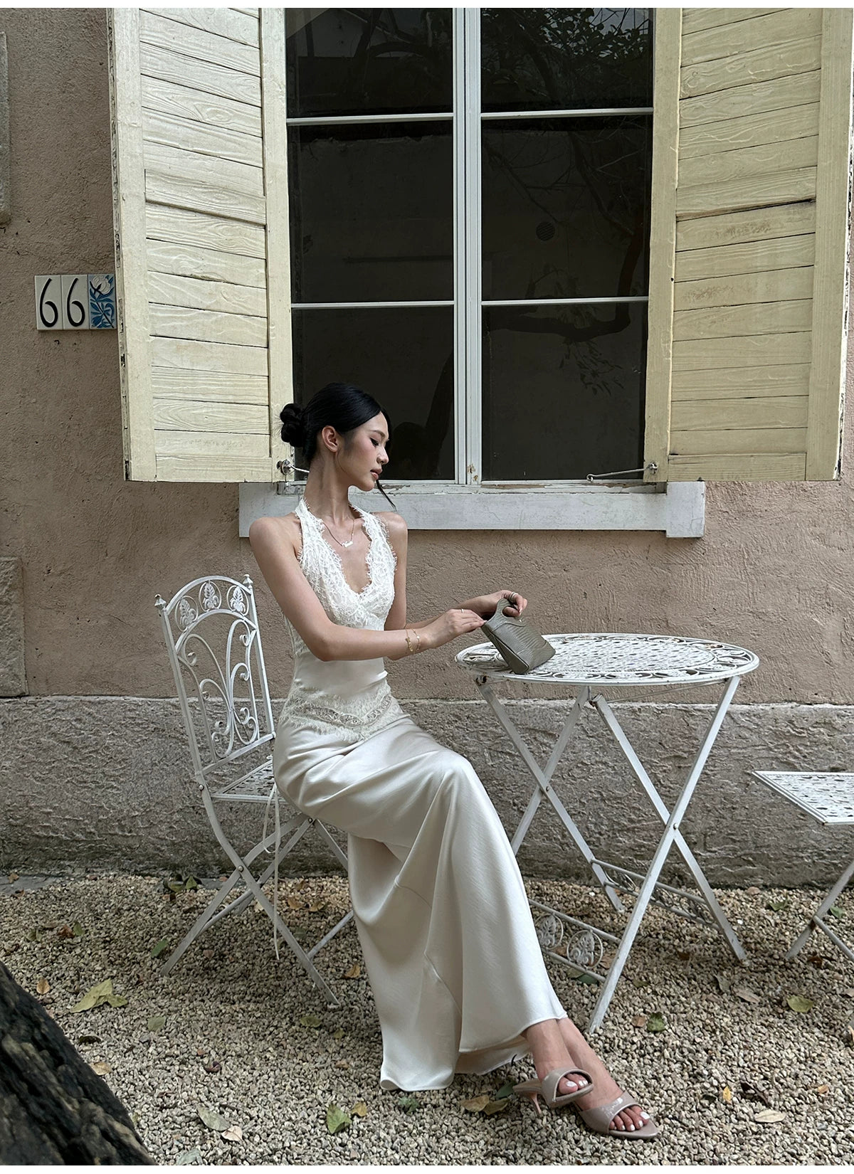 VENUIE - Champagne Satin Lace-Trim Halter Mermaid Maxi Dress