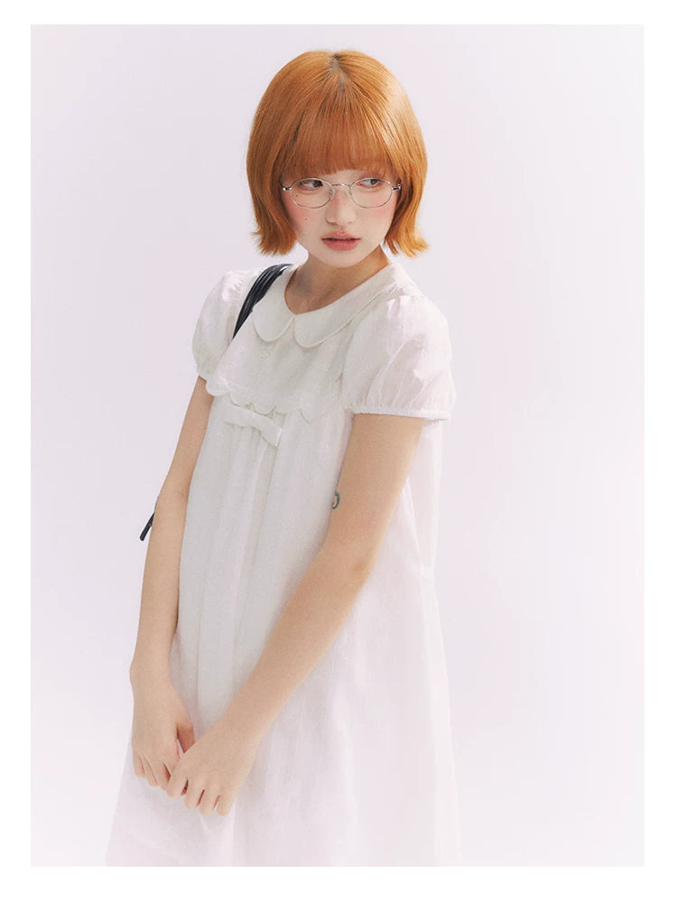 “Lace Sleep Song” White Embroidered Puff Sleeve Babydoll Dress