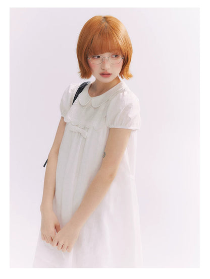 “Lace Sleep Song” White Embroidered Puff Sleeve Babydoll Dress
