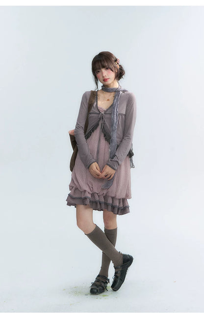 "Misty Lavender Reverie" Vintage Floral Lace Trim Midi Slip Dress