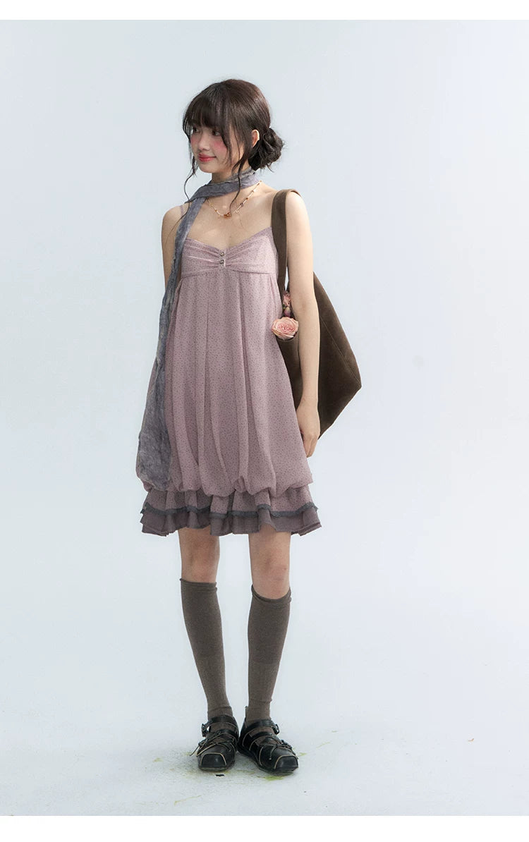 "Misty Lavender Reverie" Vintage Floral Lace Trim Midi Slip Dress