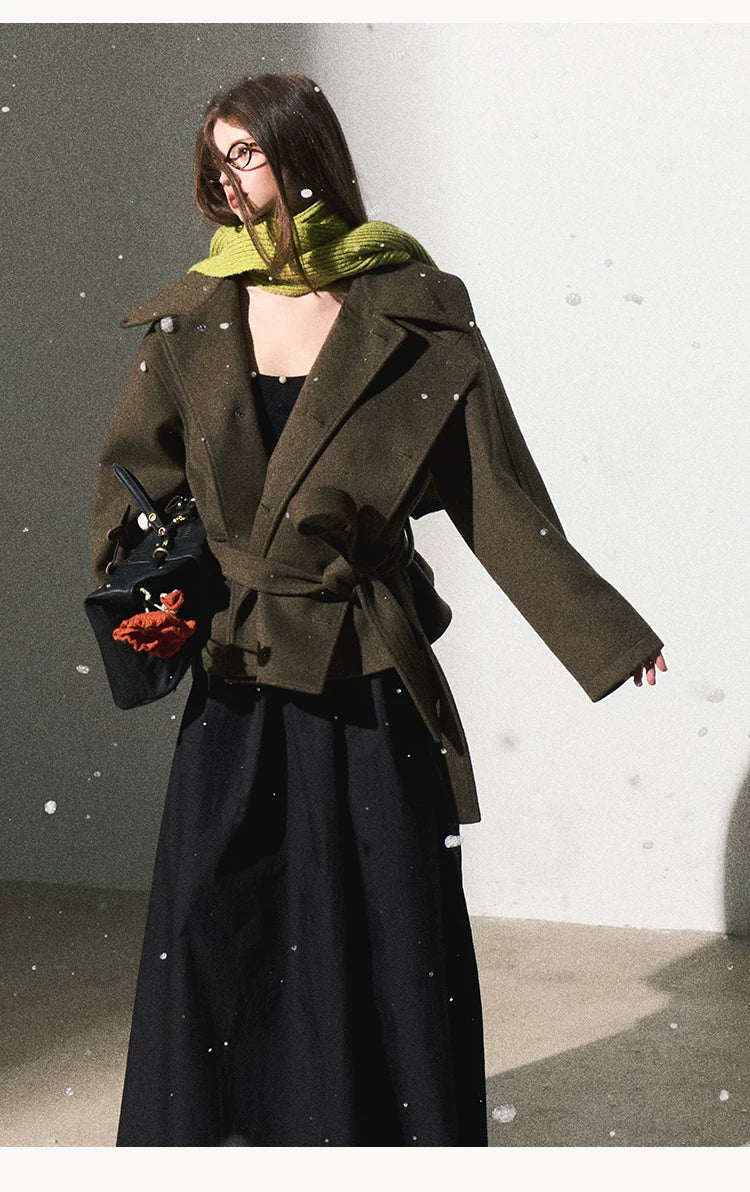 OAKMOO/ "The Flowers Are in Full Bloom" Jade Green Wool-Blend Short Belted Coat