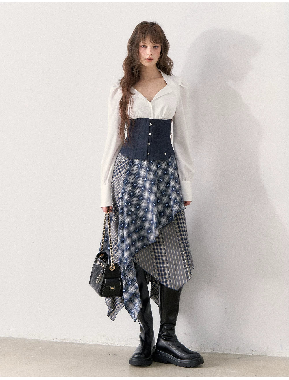 [TMMG] Retro Sweetheart Collar Shirt & Denim Corset Waist Belt Asymmetric Plaid Skirt Set