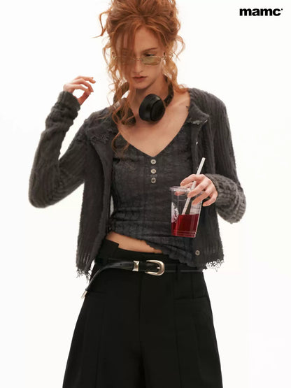MAMC - Gray Wool-Blend Floral Lace V-Neck Top