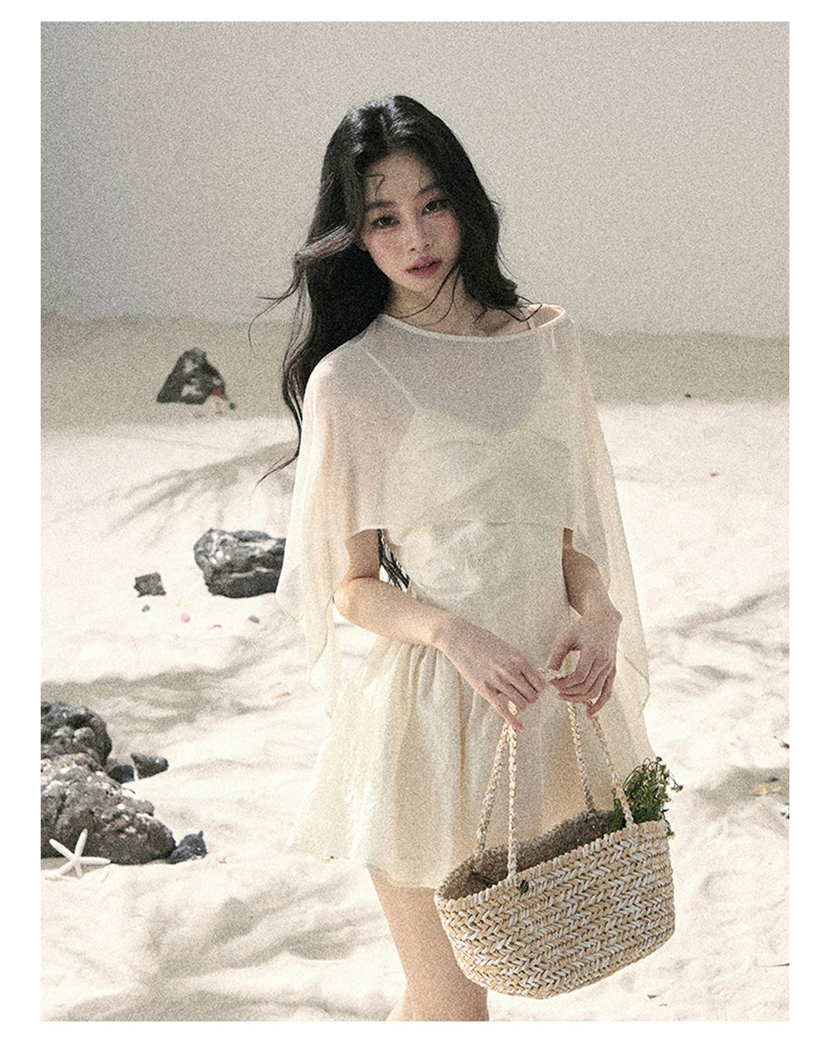 "Veiled in Mist" Cream Apricot Puff Mini Dress & Chiffon Shawl Set 5348