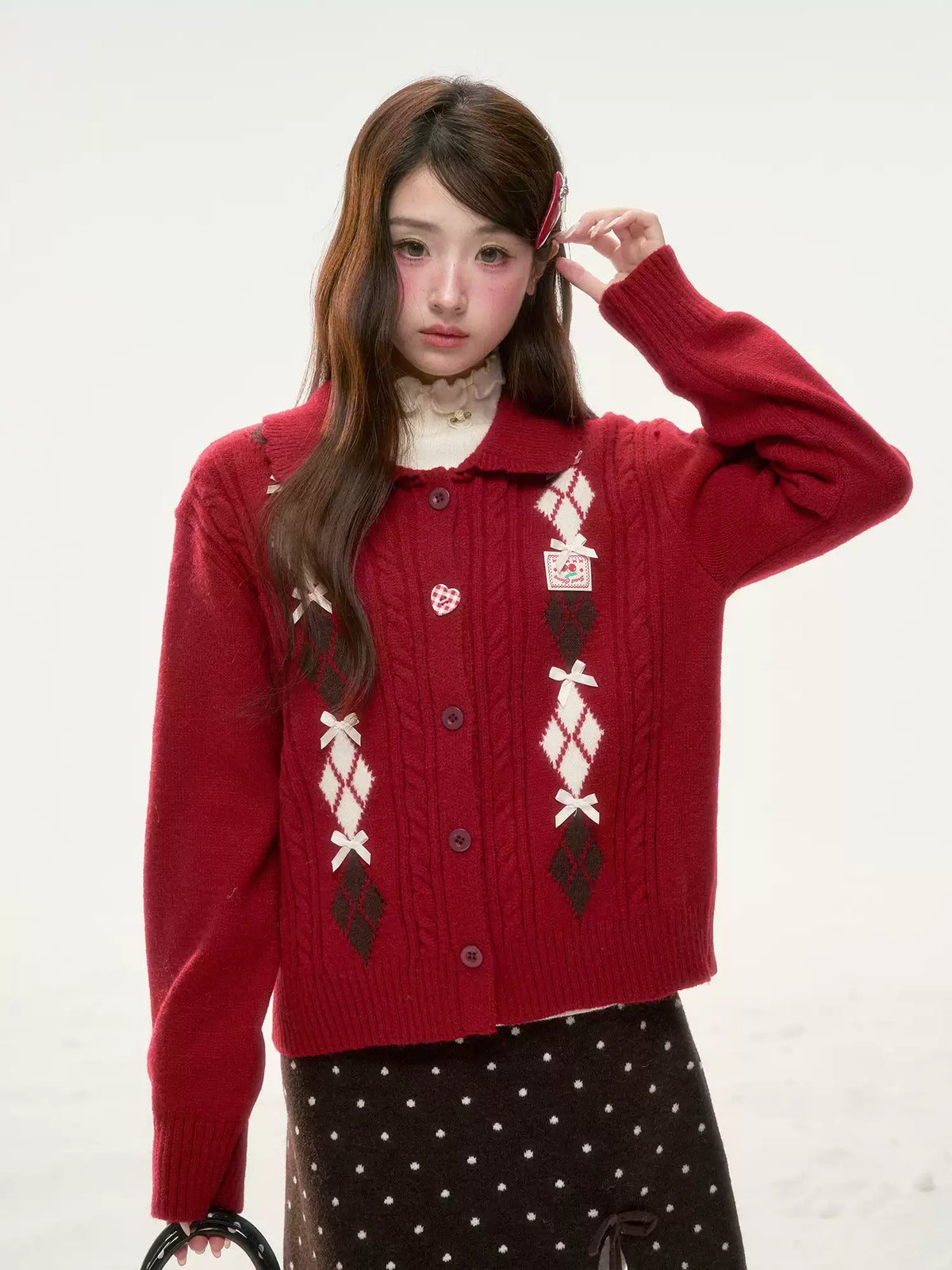BIBIBENCY - Red Argyle Knit Cardigan with Bow Details