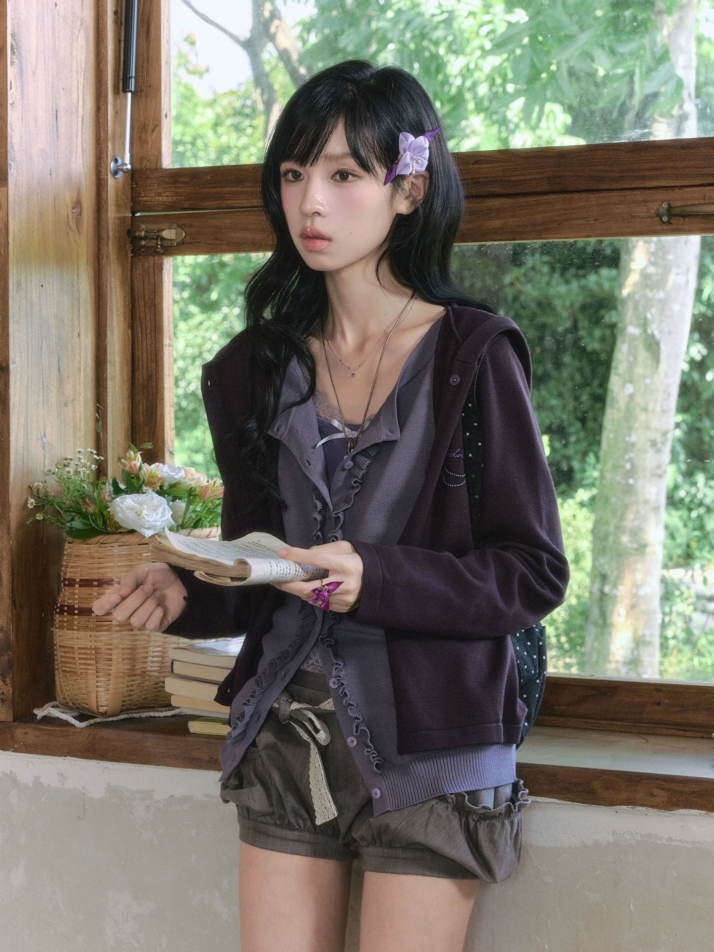 "Sage Whisper" Layered Knit Collection (Hooded Knit Cardigan / Lace Cami / Bubble Shorts)
