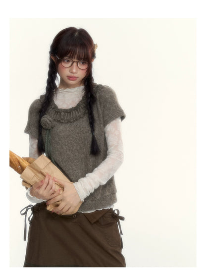 “Everyday Mist” Jacquard Lace Layering Top ( Ivory / Fog Gray )