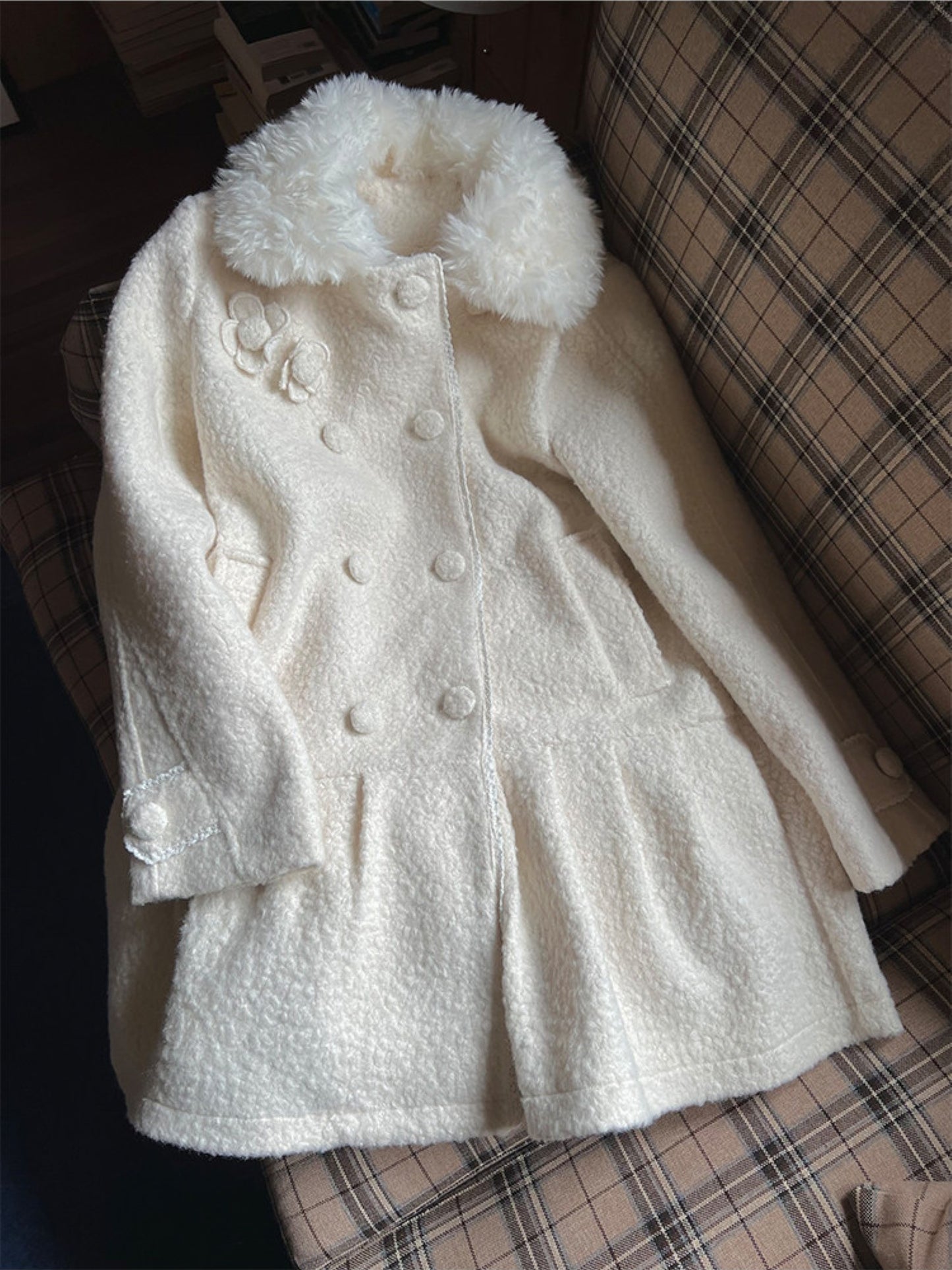 阮阮自制 - Birch Lily Milky White Detachable Fur Wool Coat
