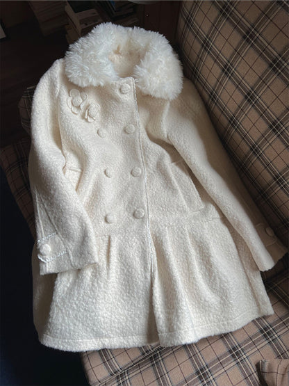 阮阮自制 - Birch Lily Milky White Detachable Fur Wool Coat
