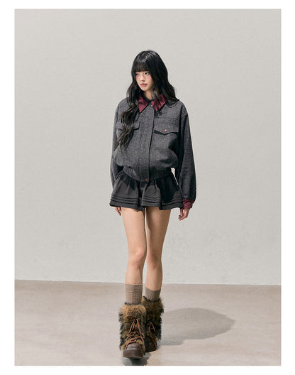 少也眼 "Wutong Leaves Falling" Hepburn Wool Tweed Jacket & Skirt Set