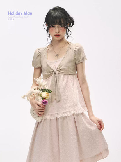 "Sweetheart Pages" Blush Pink Bow Puff Sleeve Top & A-Line Skirt Set