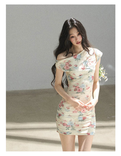 "Flowers & Sunlight" Dutch Cream Off-Shoulder Mesh Bodycon Mini Dress