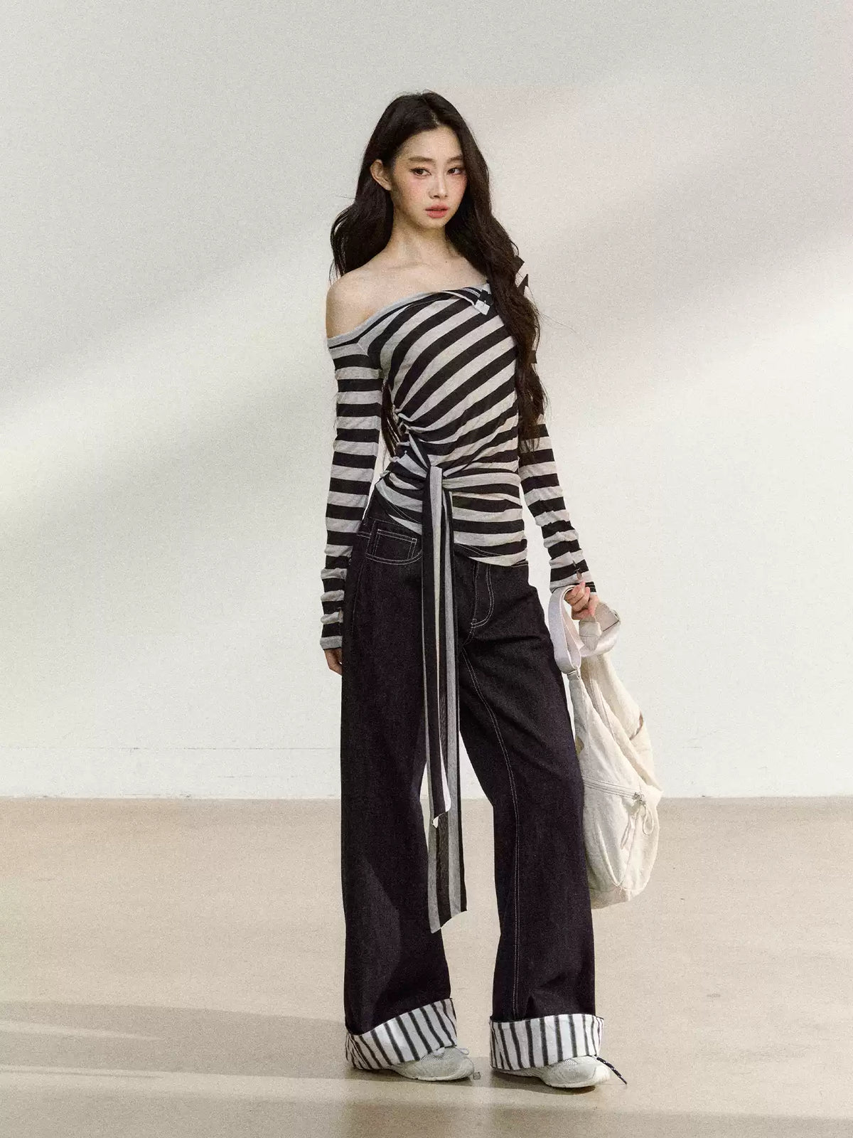 JN's DESIGN - Asymmetrical Striped Long-Sleeve Top with Tie Detail