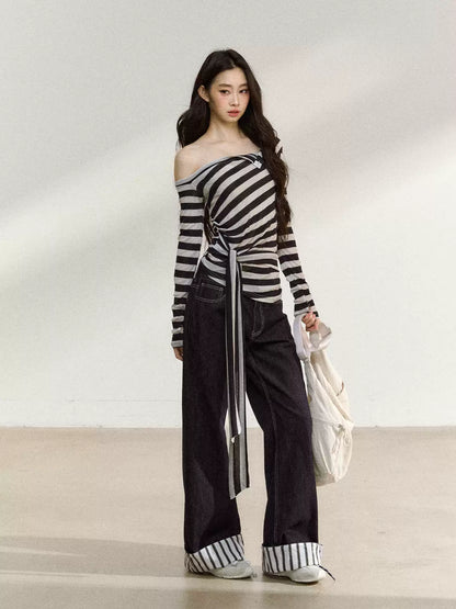JN's DESIGN - Asymmetrical Striped Long-Sleeve Top with Tie Detail