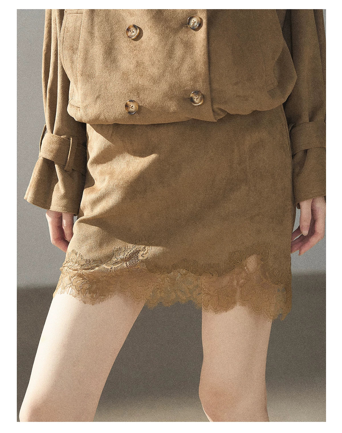 AOMALM - Sandstone Brown Faux-Suede Jacket & Lace-Trim Mini Skirt Set
