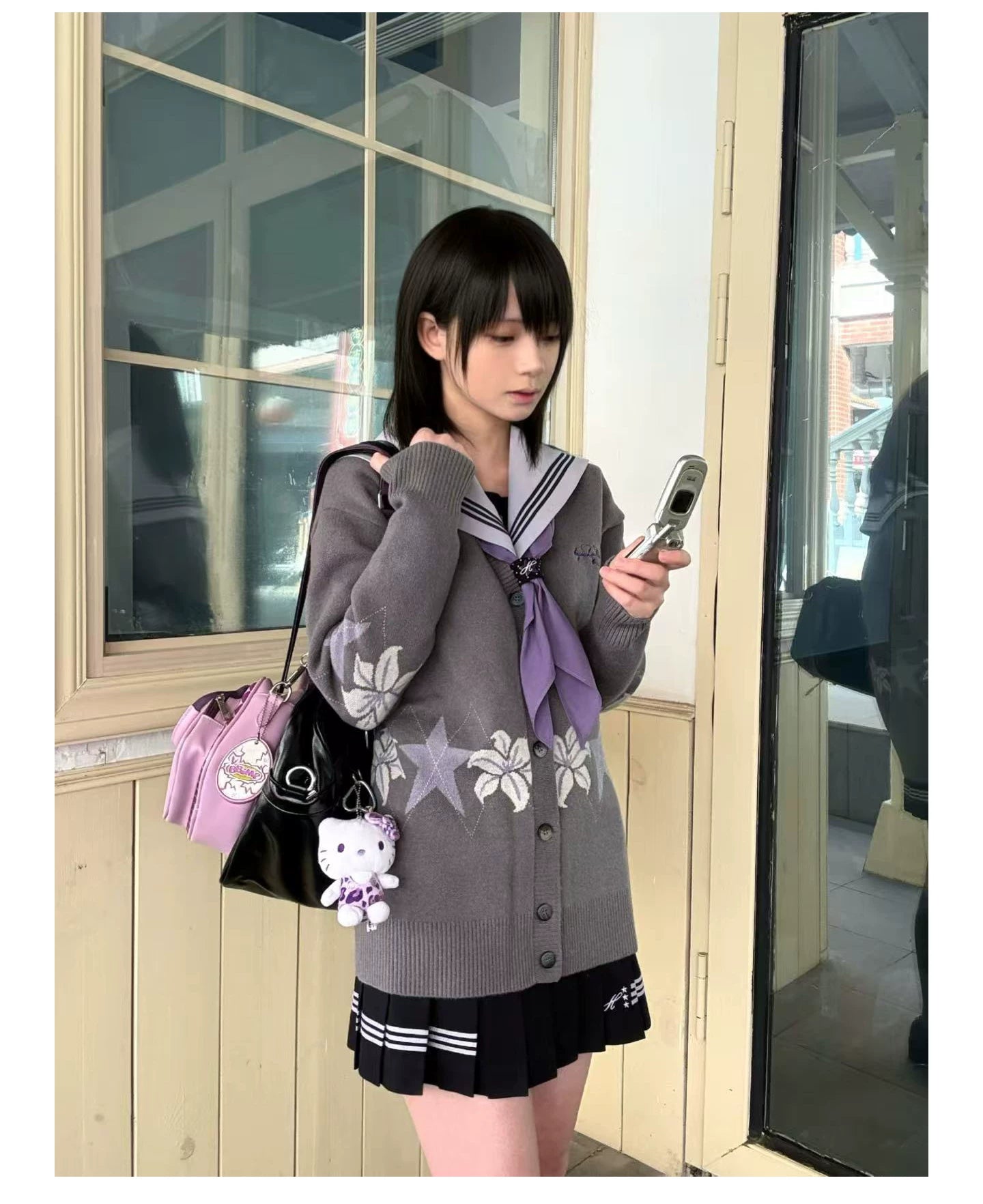"Snow-Cleared Lily" Gray-Lilac JK Long-Sleeve Sailor Uniform Set
