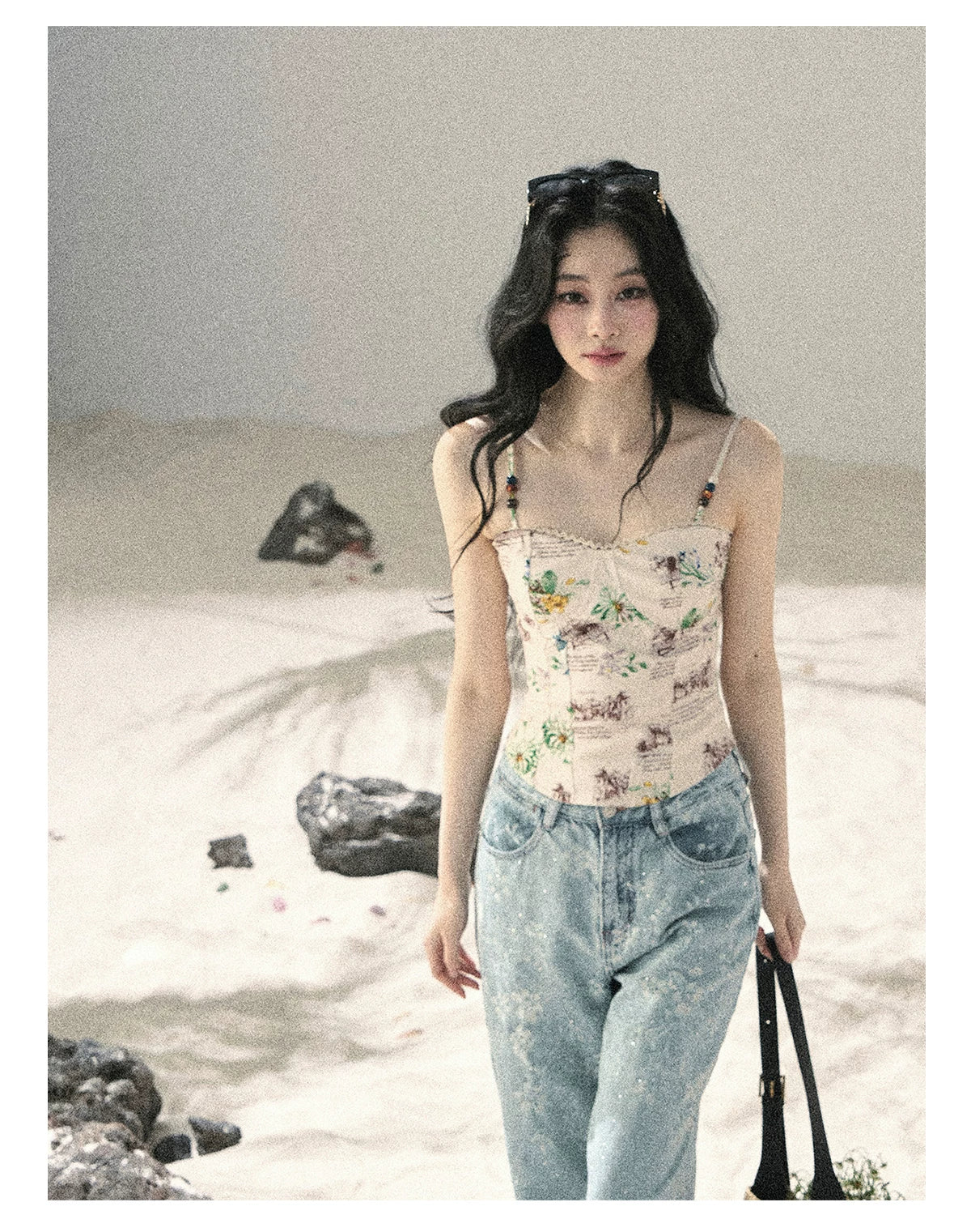 "Twinkling Starlight" Sky Blue Floral Rhinestone Wide-Leg Jeans