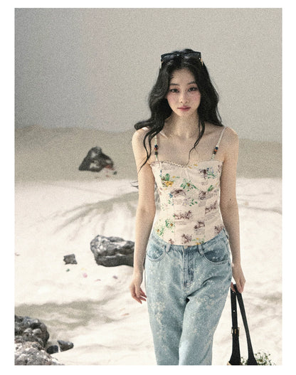"Twinkling Starlight" Sky Blue Floral Rhinestone Wide-Leg Jeans