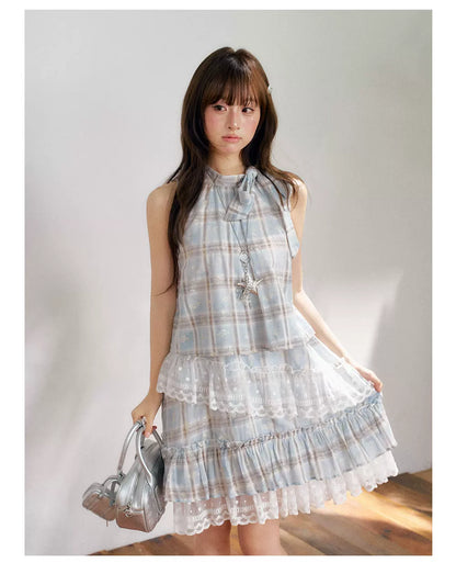 “Berry Fairytale Sonata” Misty Blue Ribbon Neck Lace Dress
