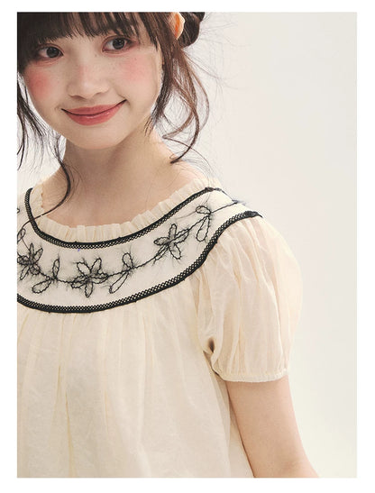 "Toasted Cookie" Yellow Flower Rope Embroidery Babydoll Top