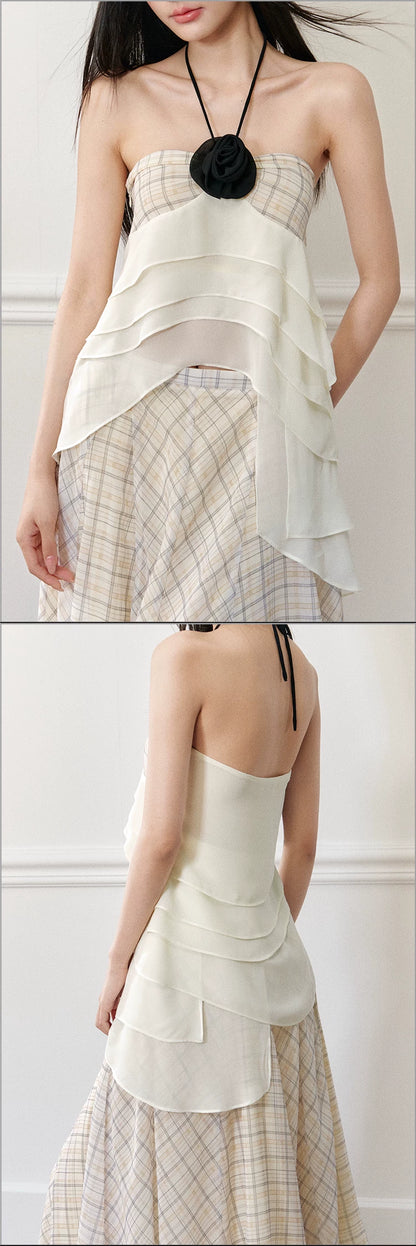 "Rose by the Sea" Rose Halter Top & Asymmetrical Plaid Maxi Skirt Set