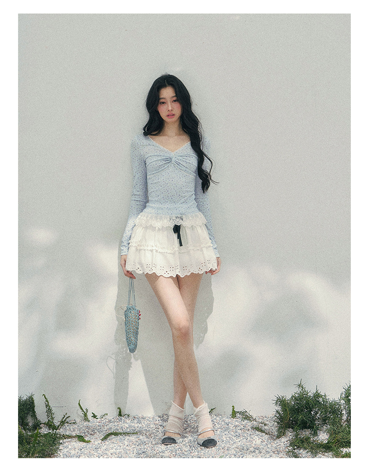 少也眼 "Heartbeat Pause" Baby Blue Back Lace Cut-Out Top 53685634