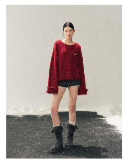 少也眼 “Winter Snow Holds Gentle Warmth” Angora-Blend French Red Knit Sweater